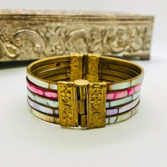 Vintage Brass Mother of Pearl Boho Bracelet - Picture 1 of 12